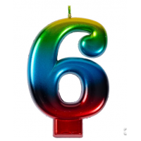 Свеча -цифра "6" Радуга металлик 8см/V